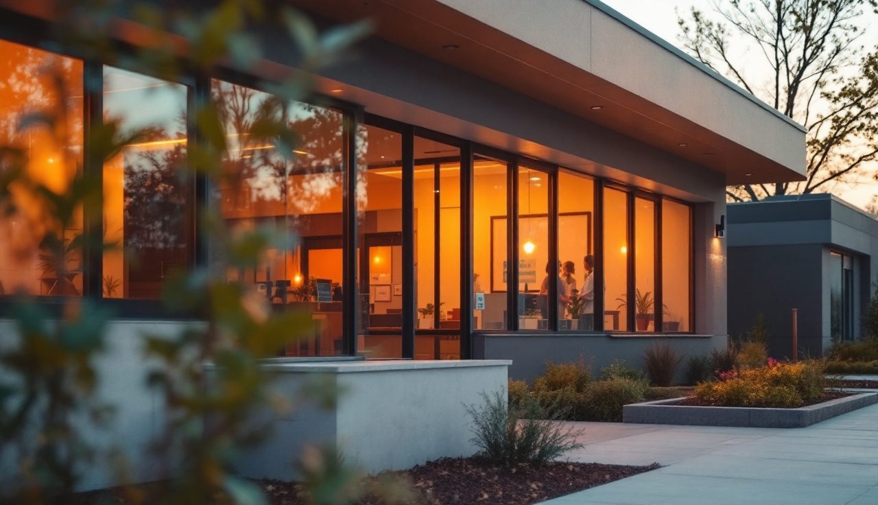 Modern community health clinic at dawn