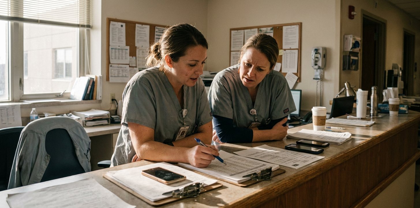 Nurses reviewing a schedule board