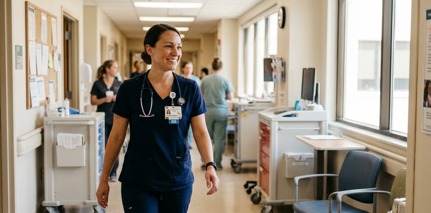 Registered nurse walking a hospital corridor