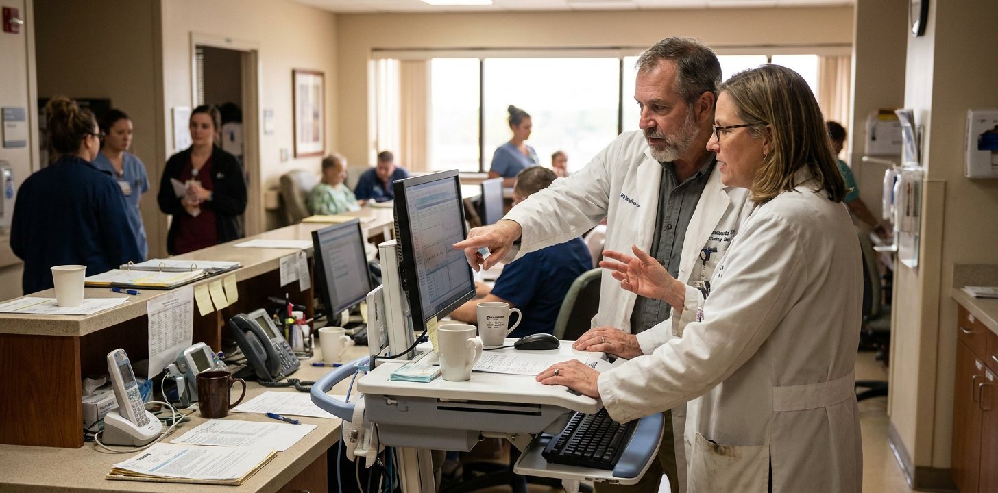 Physicians consulting over a tablet