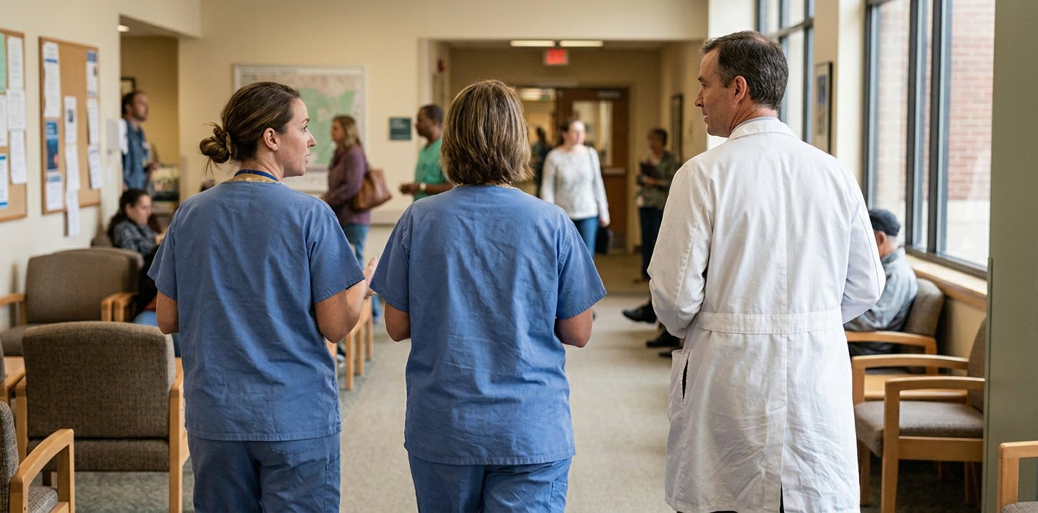 Healthcare team walking through a hospital atrium